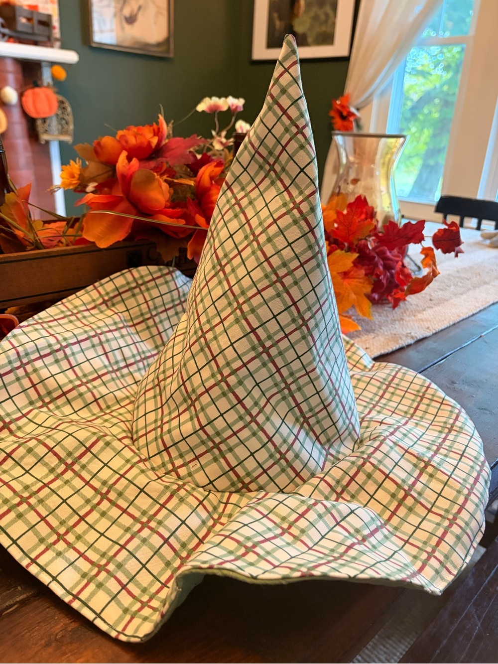 Plaid Cotton Witch Hat- Green and Red